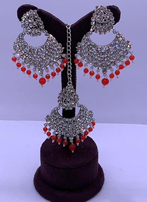 Red Beads Silver Tone Earrings With Maang Tikka